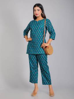 House of Gulab - Teal Cotton Lounge Co-Ord Set