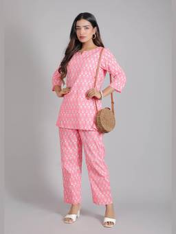 House of Gulab - Pink Floral Cotton Lounge Co-Ord Set