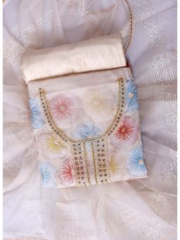SALWAR STUDIO - Off White Embroidered Unstitched Dress Material (Set of 3)