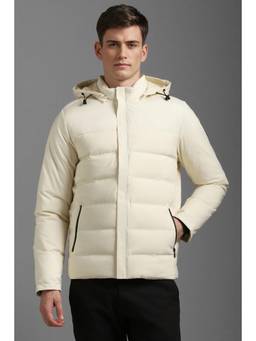 Louis Philippe - Men Casual Off White Solid Hoodie Jacket