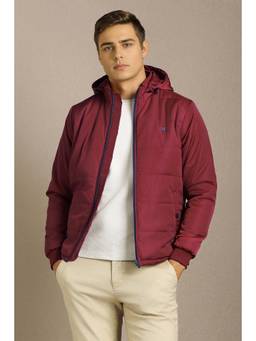 Louis Philippe - Men Casual Maroon Solid Hoodie Jacket