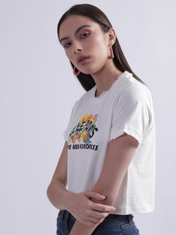 ELLE - Women White Printed Round Neck Short Sleeves T-Shirt