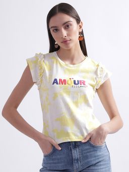 ELLE - Women Yellow Tie-Dye Round Neck Short Sleeves T-Shirt