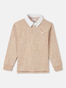 Blue Giraffe - Boys Beige Printed Polo Collar Full Sleeves T-Shirt