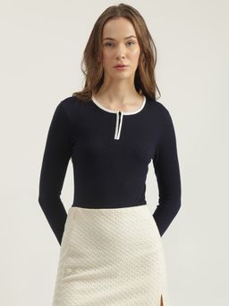 ELLE - Women Navy Solid Round Neck Full Sleeves T-Shirt