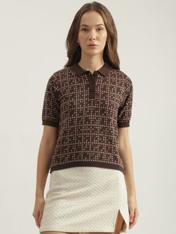 ELLE - Women Brown Printed Polo Collar Short Sleeves Polo T-Shirt
