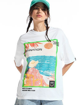 Bewakoof - Women's White Destination Goa Graphic Printed Oversized T-shirt