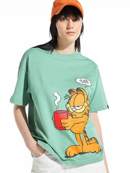 Bewakoof - Heavy Duty 1.0 Garfield Women's Green Life Before Coffee Graphic Printed Oversized T-shirt