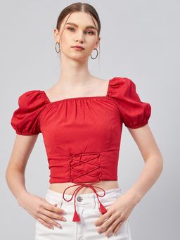 RARE - Women Casual Red Colour Square Neck Self Design Fitted Top