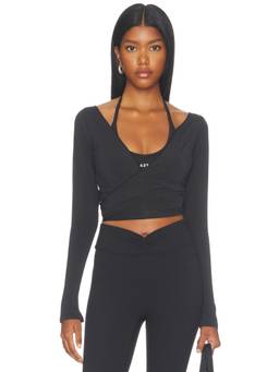 437 - Ballet Women's Wrap Tie-Up Crop Top Black