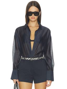 4th & Reckless - X Revolve Gracey Women's Sheer Organza Button-Down Shirt Navy Blue