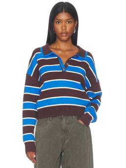525 - Double Johnny Collar Women's Rugby Stripe Pullover Sweater Multi-Color