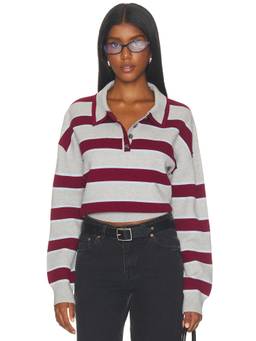 525 - Double Johnny Collar Women's Rugby Stripe Pullover Sweater Multi-Color