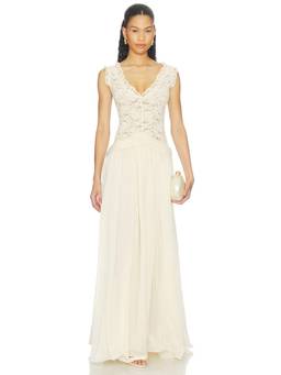 Arcina Ori - Arabella Women's Sheer Lace V-Neck Maxi Dress Cream