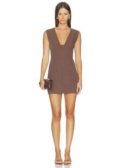 ALL THE WAYS - Imah Women's Pinstripe Plunging Neck Mini Dress Brown