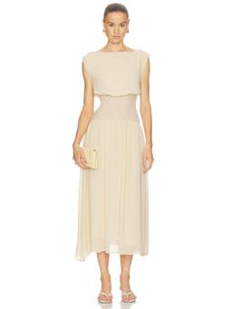ALL THE WAYS - Aniya Women's Chiffon Cap Sleeve Midi Dress Beige