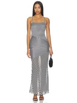 ALL THE WAYS - Morgana Women's Striped Satin Shoulder Strap Maxi Dress Black
