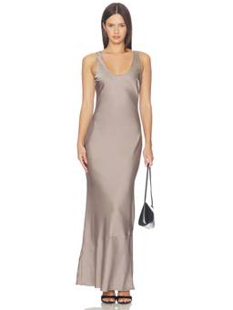 ALL THE WAYS - Ruby Women's Satin Bias-Cut Scoop Neck Maxi Dress Taupe