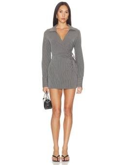 ALL THE WAYS - Maddy Wrap Women's Pinstripe Collared Wrap Mini Dress Grey