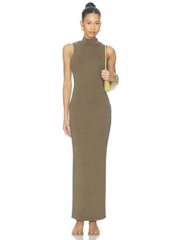 ALL THE WAYS - Women'S Sleeveless High Neck Knit Jersey Maxi Dress Olive