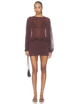 ALL THE WAYS - Brecken Women's Sheer Chiffon Full Sleeves Mini Dress Brown