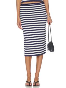 ALL THE WAYS - Jolene Women's Striped Stretch Knit Midi Skirt Navy Blue