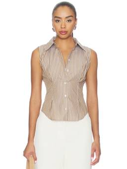 ALL THE WAYS - Striped Women's Cinched Waist Button-Down Shirt Beige