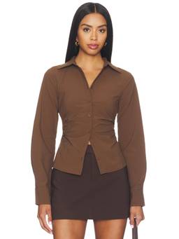 ALL THE WAYS - Millie Women's Cinched Waist Button-Up Shirt Brown