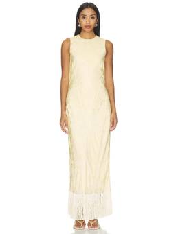 Anna October - Gill Jacquard Women's Sleeveless Fringe Hem Maxi Dress Yellow