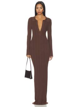 AEXAE - Knitted Collar Women's Ribbed Plunging Neck Maxi Dress Brown