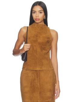 AEXAE - Suede Women's Sleeveless High Neck Tank Top Brown