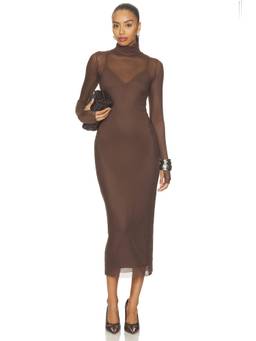 AFRM - Shailene Women's Semi-Sheer Mesh Turtleneck Midi Dress Brown