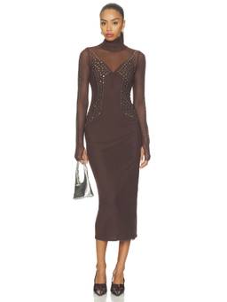 AFRM - Shailene Women's Studded Mesh Turtleneck Maxi Dress Brown