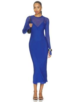 AFRM - Ashland Women's Sheer Mesh Turtleneck Bodycon Midi Dress Blue