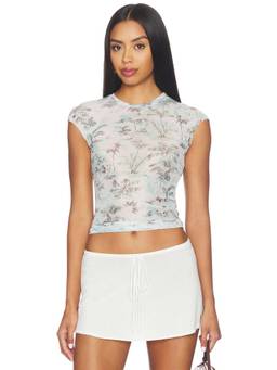 AFRM - Nina Women's Tropical Print Mesh Crop Top Off White