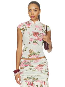 AFRM - Adjoa Women's Floral Mesh Asymmetric Button Blouse White