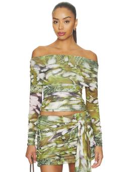 AFRM - Coyle Women's Ruched Off Shoulder Mesh Crop Top Green