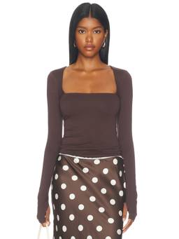 AFRM - Ines Women's Square Neck Thumbhole Knit Jersey Top Brown