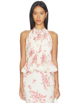 Agua by Agua Bendita - Cauca Women's Floral Pleated Halter Neck Peplum Top Off White