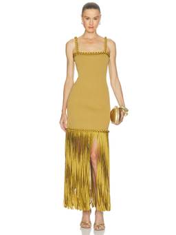 Aje - Ribiona Knit Women's Fringe Detail Bodycon Midi Dress Mustard