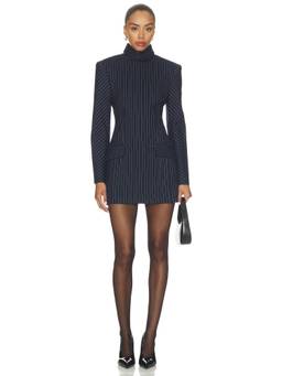AKNVAS - Pinstripe Women's Padded Shoulder Mini Dress Navy Blue