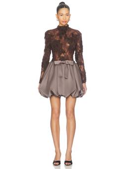 AKNVAS - Lace Cocktail Women's High Neck Bubble Hem Mini Dress Brown