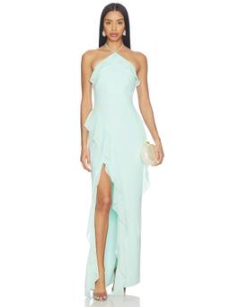 Amanda Uprichard - Alessandra Women's Halter Neck Ruffle Maxi Dress Aqua