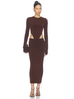 The Andamane - Heloise Women's Cut-Out Ruched Bodycon Midi Dress Brown