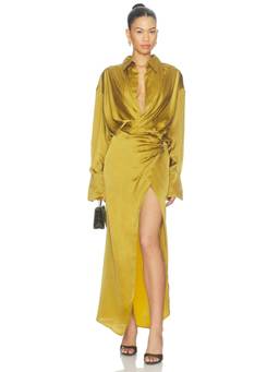 The Andamane - Paloma Women's Draped Side Slit Shirt Maxi Dress Gold