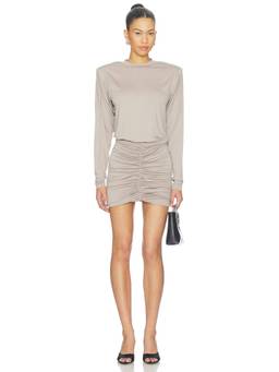 The Andamane - Lennox Women's Ruched Padded Shoulder Bodycon Mini Dress Beige