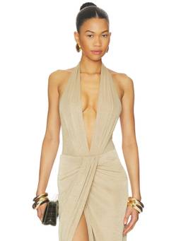 The Andamane - Deep V-Neck Women's Halter Neck Bodysuit Beige