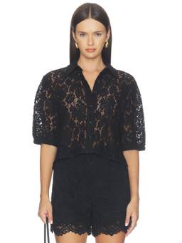 ANINE BING - Guipure Lace Women's Sheer Cropped Button-Down Shirt Black
