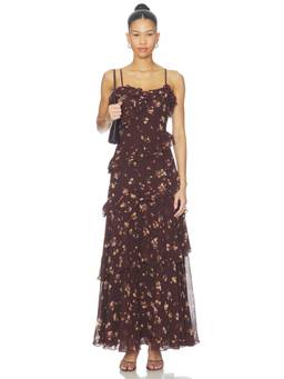 ASTR the Label - Tiered Floral Women's Ruffled Shoulder Straps Maxi Dress Brown