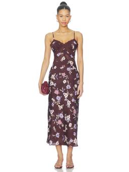ASTR the Label - Carin Women's Floral Lace Trim Satin Midi Dress Maroon
